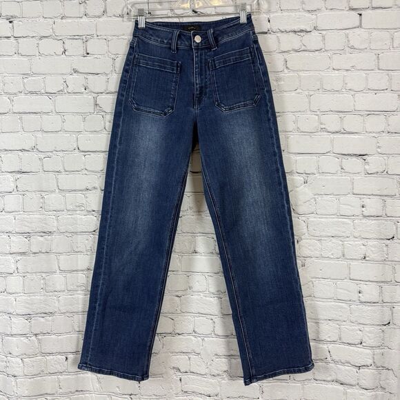 Quince Stretch High Rise Patch Pocket Wide Leg Jeans Dark Blue Wash - Picture 4 of 13